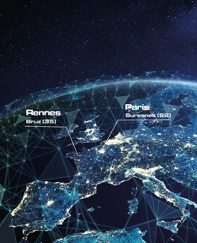 Localisation des villes de Suresnes et Bruz sur une carte du monde de nuit.
